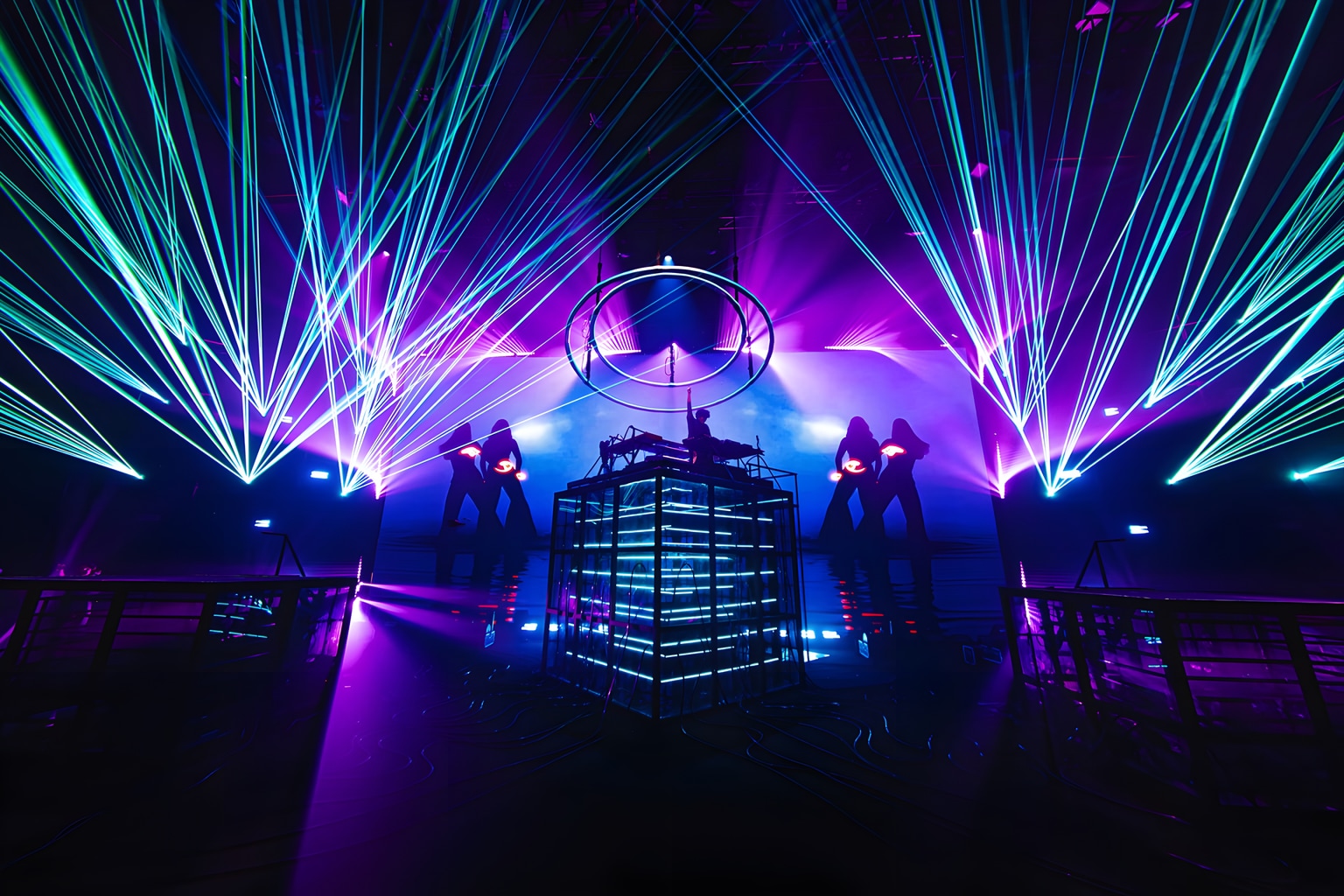 Cyan and violet lasers fill the stage above Shashwat Sachdev and the illuminated command cube.